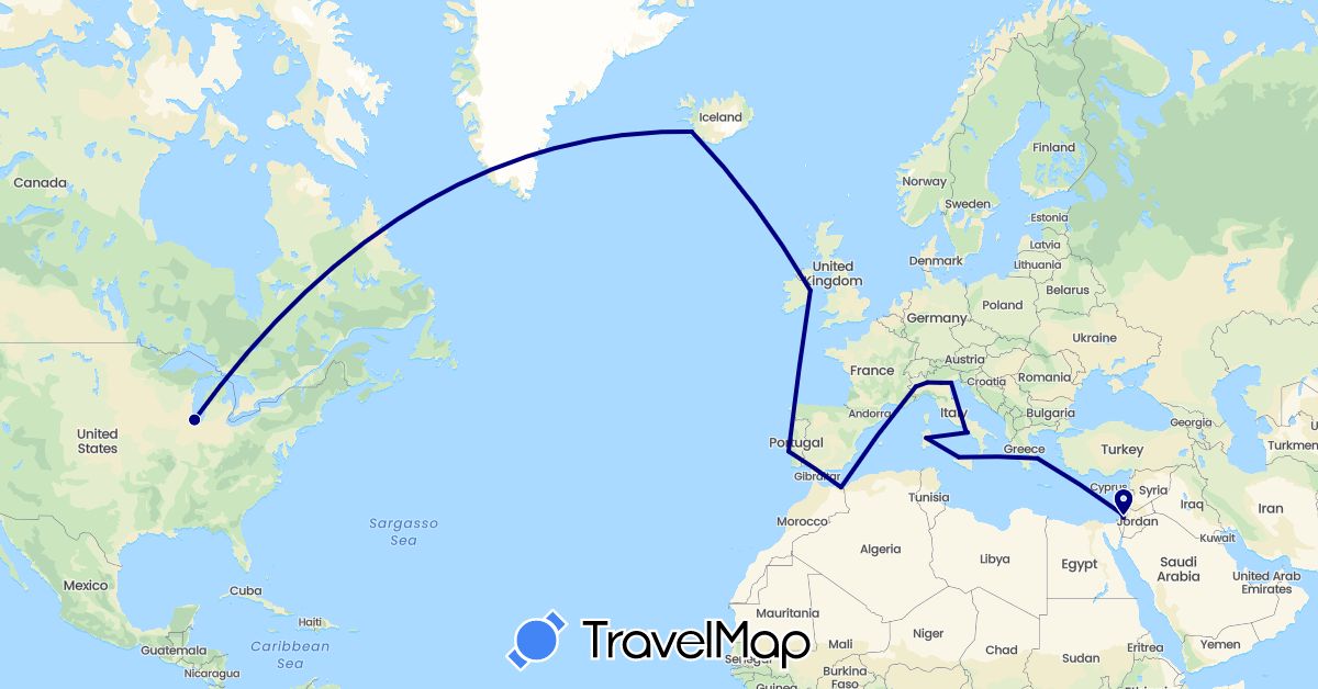 TravelMap itinerary: driving in Greece, Ireland, Israel, Iceland, Italy, Morocco, Portugal, United States (Africa, Asia, Europe, North America)